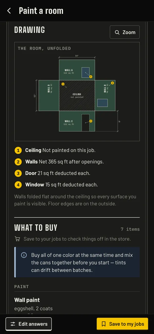 StudSheet on a phone, dark theme: the paint Sheet’s drawing of the room unfolded, with keys for the ceiling, walls, door and windows.