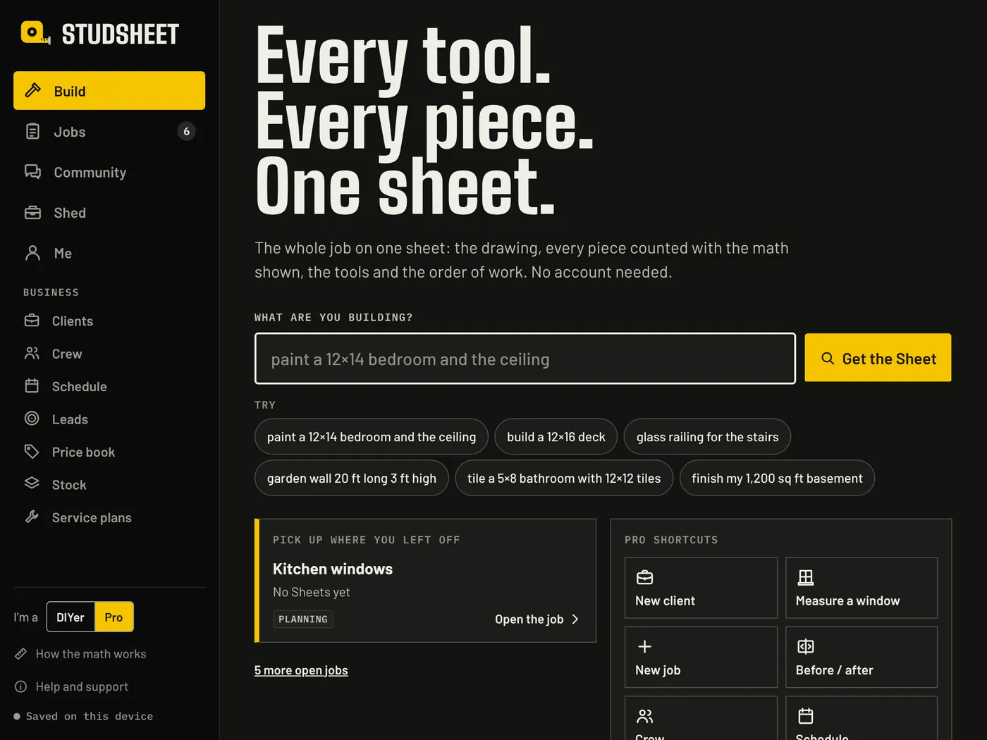 StudSheet in a browser, dark theme: the Build screen with a search box that reads 'paint a 12×14 bedroom and the ceiling' and pro shortcuts.