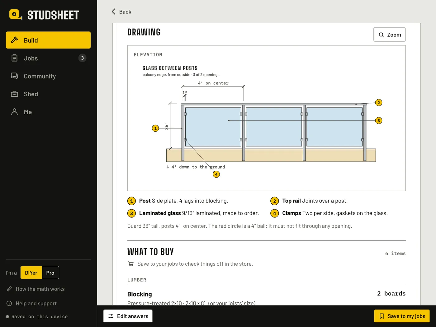 StudSheet on a tablet: the railing Sheet’s elevation of a glass balcony railing with numbered keys.
