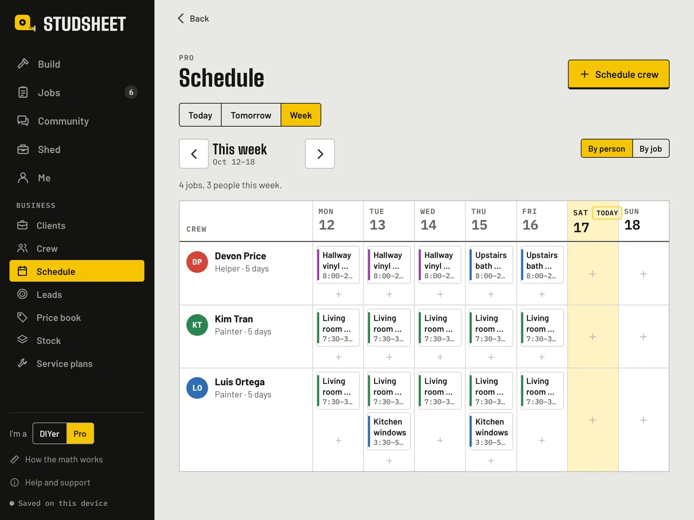 StudSheet on a tablet: the crew schedule for a week, three people across four jobs.